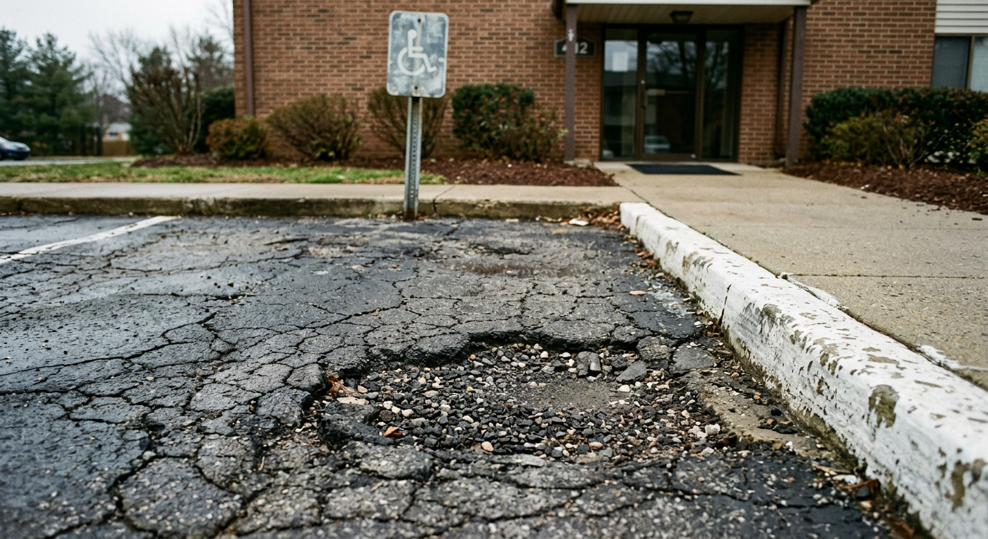 A cracked, pot-holed section of pavement beside a building entrance